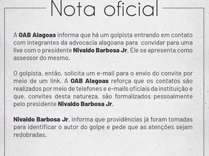 OAB Alagoas emite nota sobre golpista que está se passando por assessor do presidente Nivaldo Barbosa