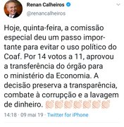 Renan Calheiros comemora retirada do Coaf de Sérgio Moro