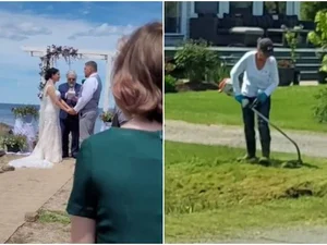 Vizinha “destrói” casamento ao cortar grama em meio à cerimônia; vídeo