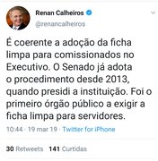 Renan Calheiros diz que é coerente adoção da ficha limpa no Executivo