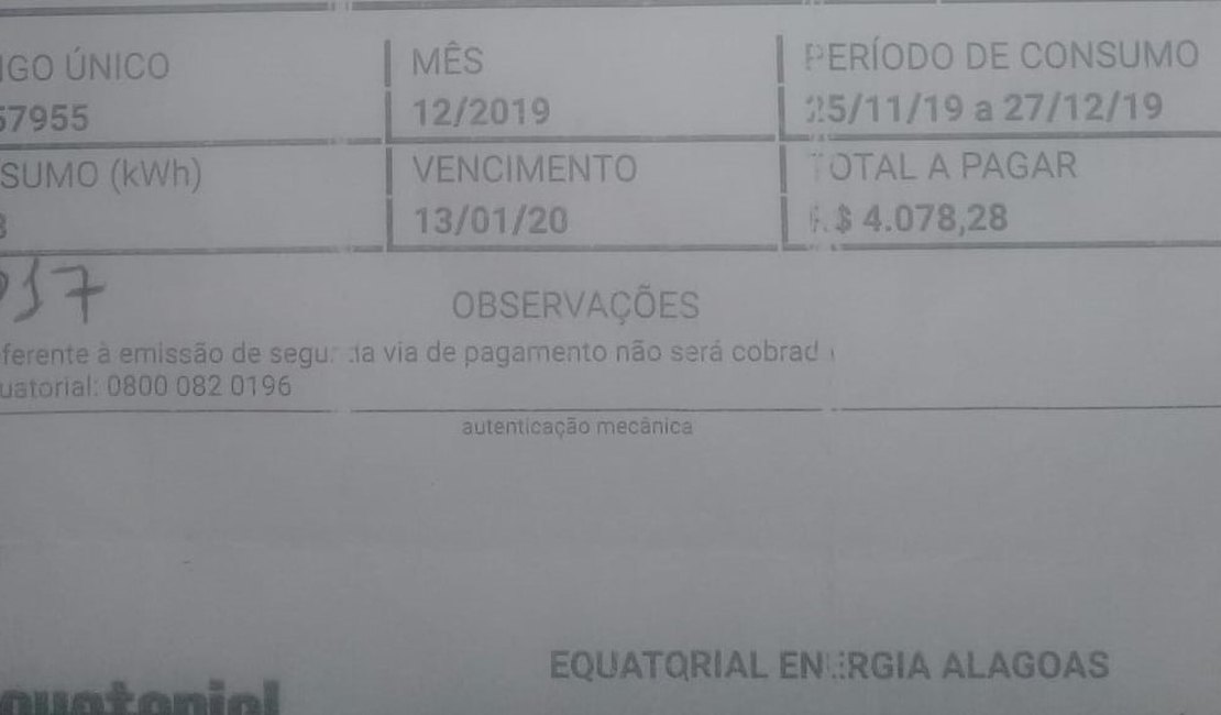 Equatorial emite conta superior a R$ 4 mil para residência em Arapiraca 