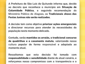 Prefeitura cancela shows das Festas Juninas em São Luís do Quitunde