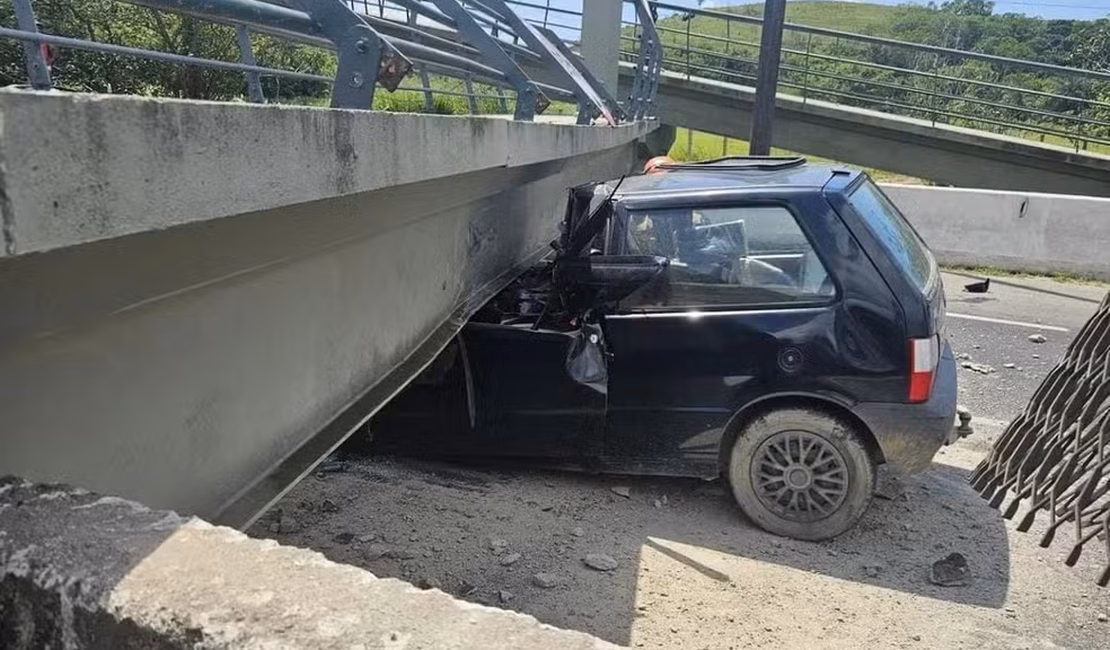 Caminhão derruba passarela, e motorista de carro morre esmagado na BR-116
