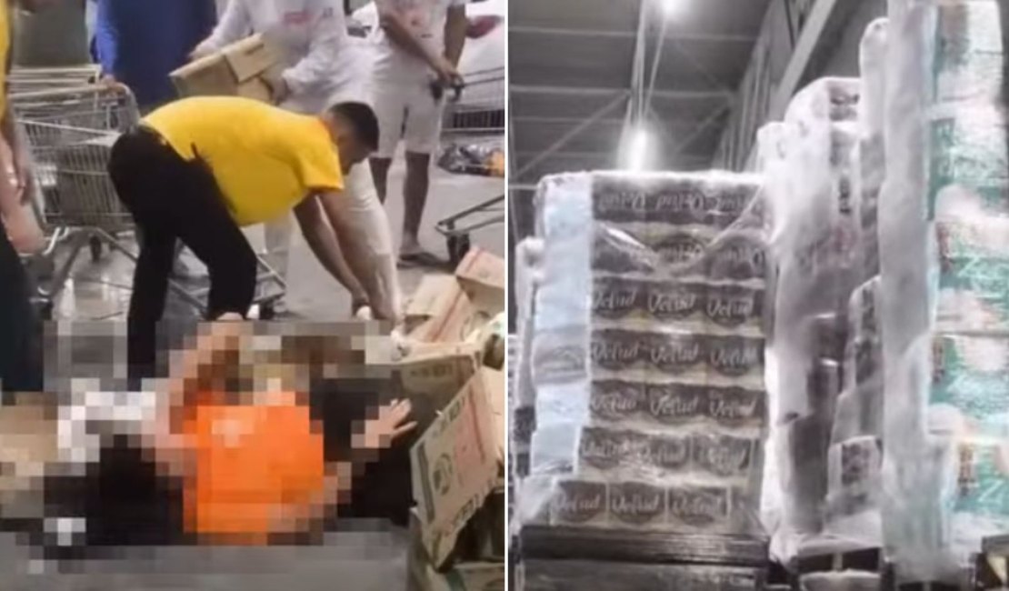 Caixas com água sanitária despencam em cima de mulher em Atacarejo de Maceió