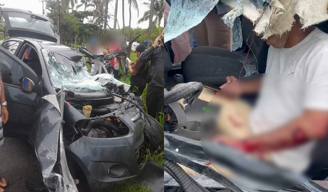 Colisão entre ônibus e carro deixa veículo destruído e homem ferido em Maceió