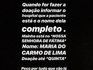 Família pede doação de sangue para idosa que precisa de cirurgia