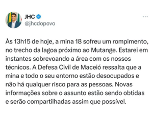 Prefeito JHC fará sobrevoo no local onde mina 18 se rompeu neste domingo (10)