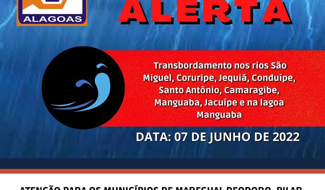 Defesa Civil de Alagoas emite alerta de risco de transbordamento em rios de 11 municípios