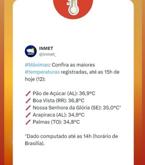 Arapiraca registra a 4° maior temperatura do Brasil na tarde desta sexta-feira segundo o Inmet