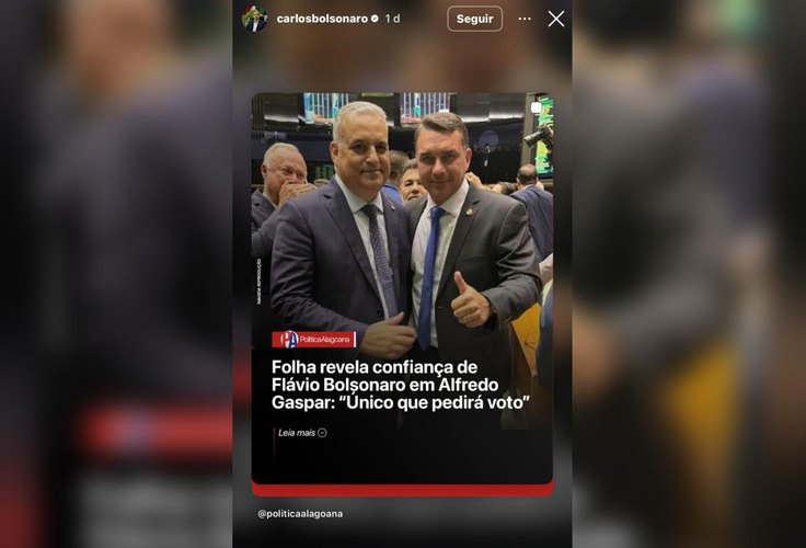 Após visita de JHC a Valdemar Costa Neto, Carlos Bolsonaro posta imagem em apoio a Alfredo Gaspar