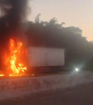 Caminhão-baú pega fogo na BR-101 no município de São Miguel dos Campos