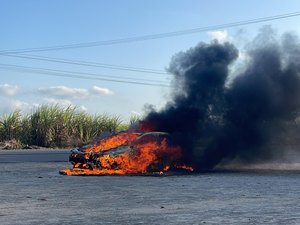 Carro pega fogo e mobiliza Corpo de Bombeiros na BR-316, em Pilar