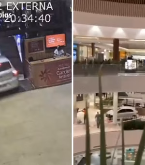 Carro invade shopping, atravessa corredor com clientes e destrói quiosque