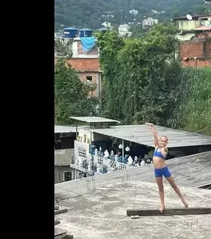 Menina treina ginástica olímpica na laje de casa e viraliza na internet