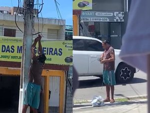 Homem é flagrado furtando fios de poste em plena luz do dia no bairro de Jatiúca