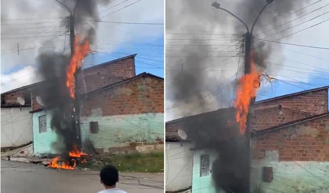 [Vídeo] Poste de energia pega fogo e assusta moradores em Arapiraca