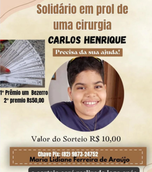Família realiza sorteio beneficente para custear cirurgia de criança em Major Isidoro
