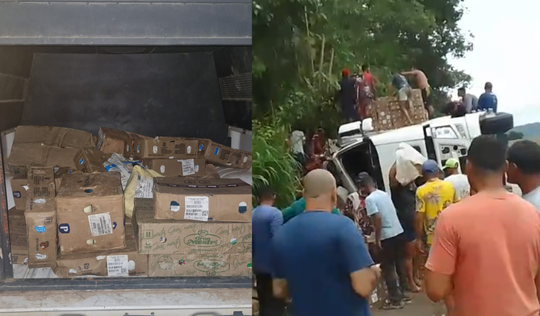 Após saque a caminhão tombado, polícia recupera carga de laticínios e conduz suspeitos à delegacia