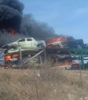 Caminhão Cegonha incendeia e carros são destruídos pelas chamas em Canapi