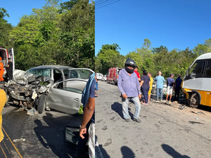 Colisão entre ônibus e carro deixa homem preso às ferragens em Igreja Nova