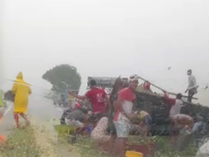 [Vídeo] Caminhão que transportava laranja tomba em Campo Alegre