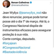 Renan Calheiros publica mensagem em apoio a Jean Wyllys