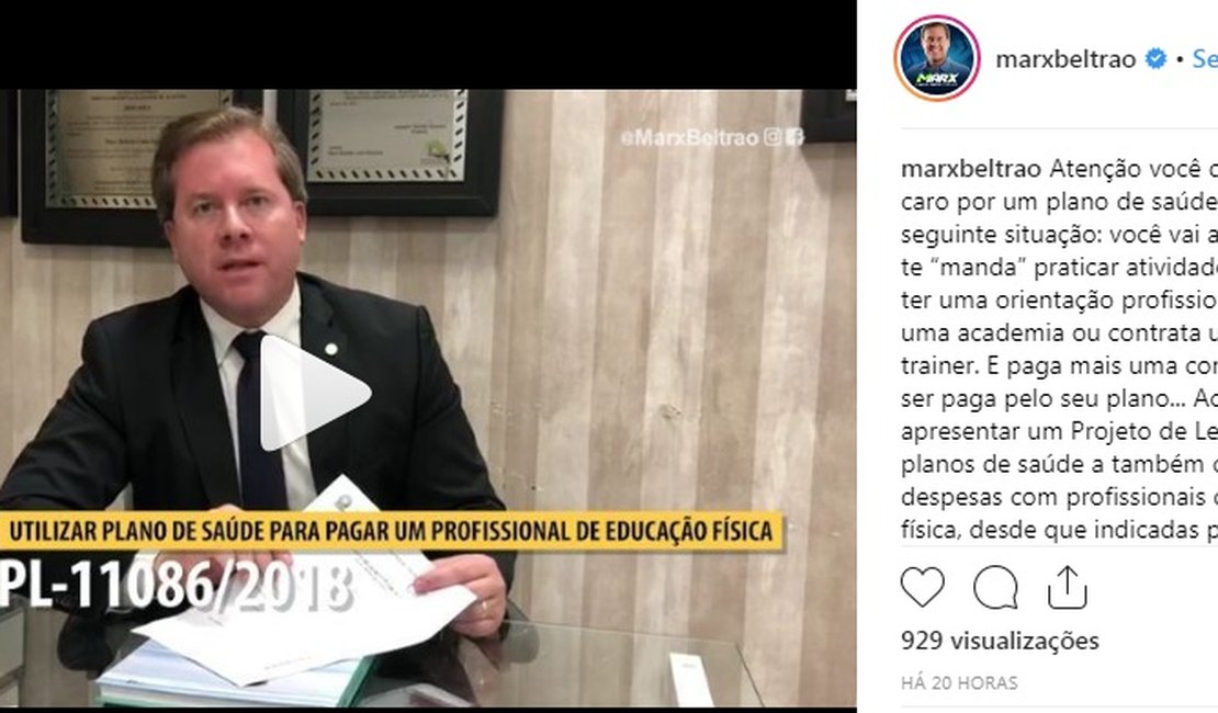 Marx Beltrão cria PL que obriga plano de saúde a pagar por orientação em atividade física