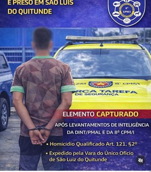 Acusado de homicídio qualificado é preso no município de São Luís do Quitunde