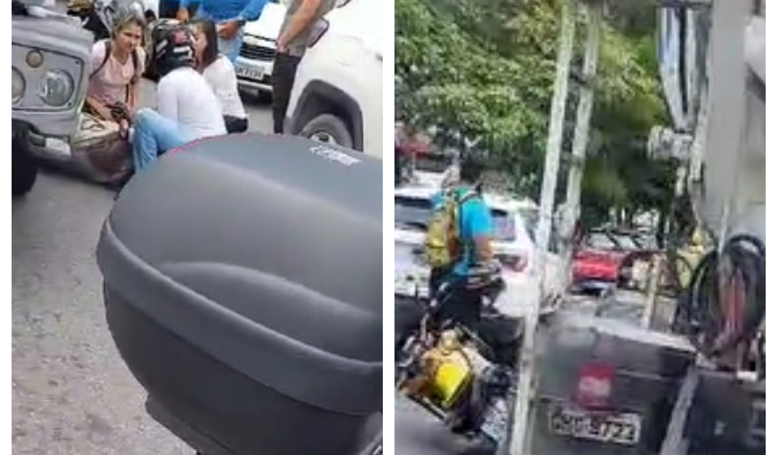 [Vídeo] Motociclista fica ferido após colidir contra carro e ser atropelado por caminhão