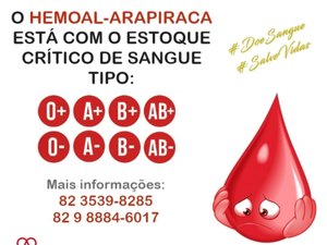 Hemoal de Arapiraca está com estoque baixo de sangue e precisa de doadores
