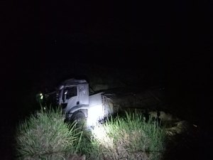 Motorista perde controle de caminhão em curva, sai da pista e tomba na AL 210