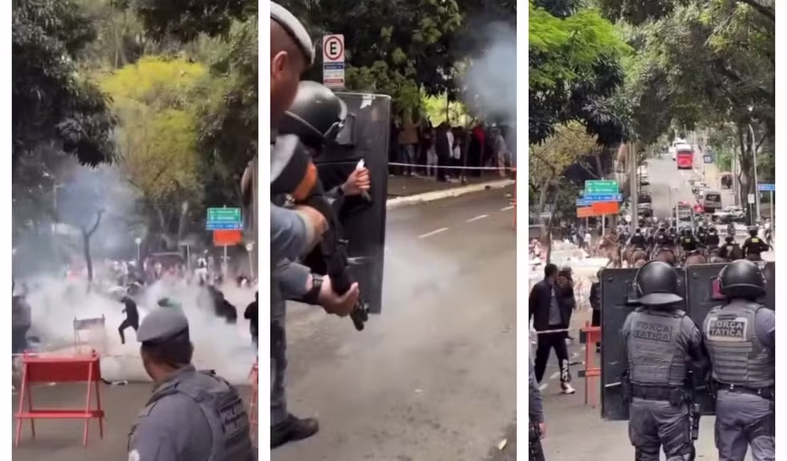 PM usa bombas de gás lacrimogêneo para dispersar opositores de Flávio Bolsonaro perto da Avenida Paulista